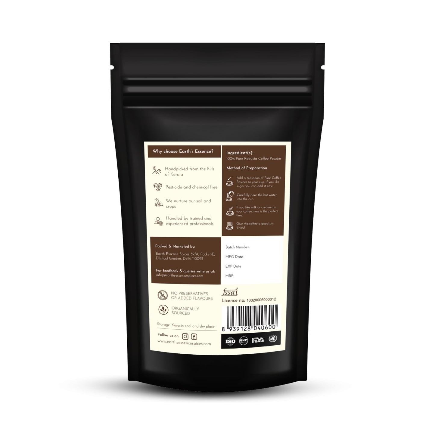 EARTH'S ESSENCE 100% Pure Robusta Coffee Powder | Organically Grown in Kerala's Western Ghats